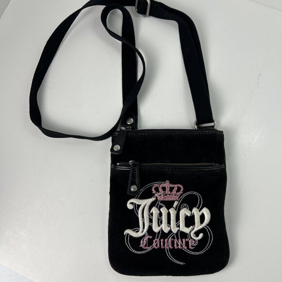 Y2K Juicy Couture Crossbody Bag Small Purse Vintage Black Velour Pink Sparkle - Picture 1 of 10